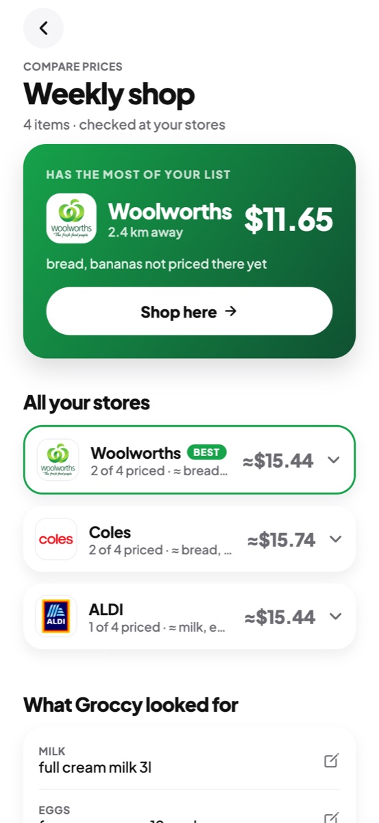 Compare screen with the best store for the list