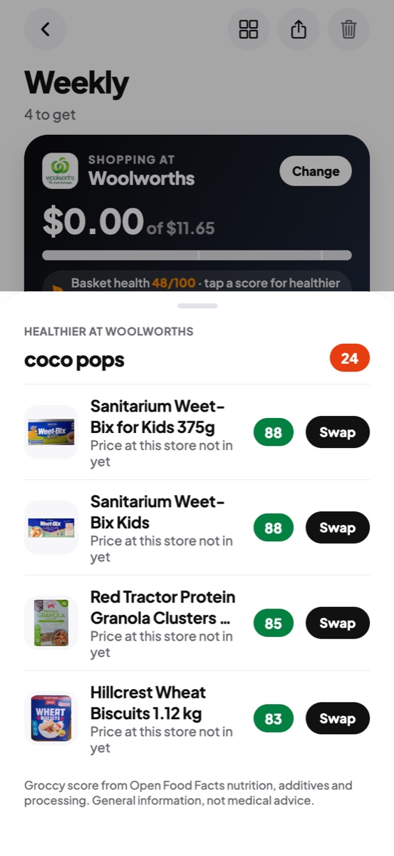 Healthier options for Coco Pops at Woolworths
